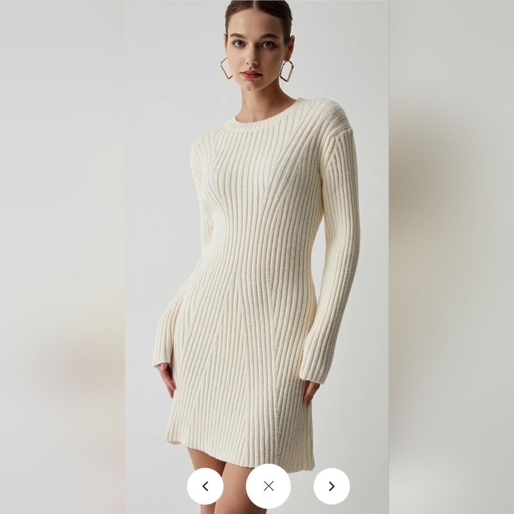 Commense Cream Rib Long Sleeve Short Sweater Dress Small